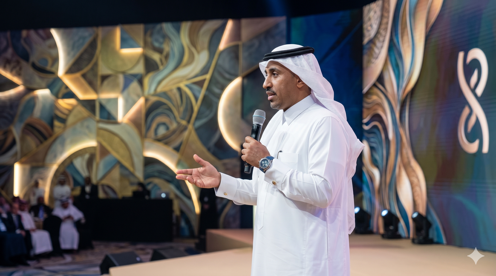 Dr. Essa Al-Ahmad speaking on stage